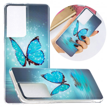 Case Samsung Galaxy S21 Ultra 5G Papillon Bleu Fluorescent