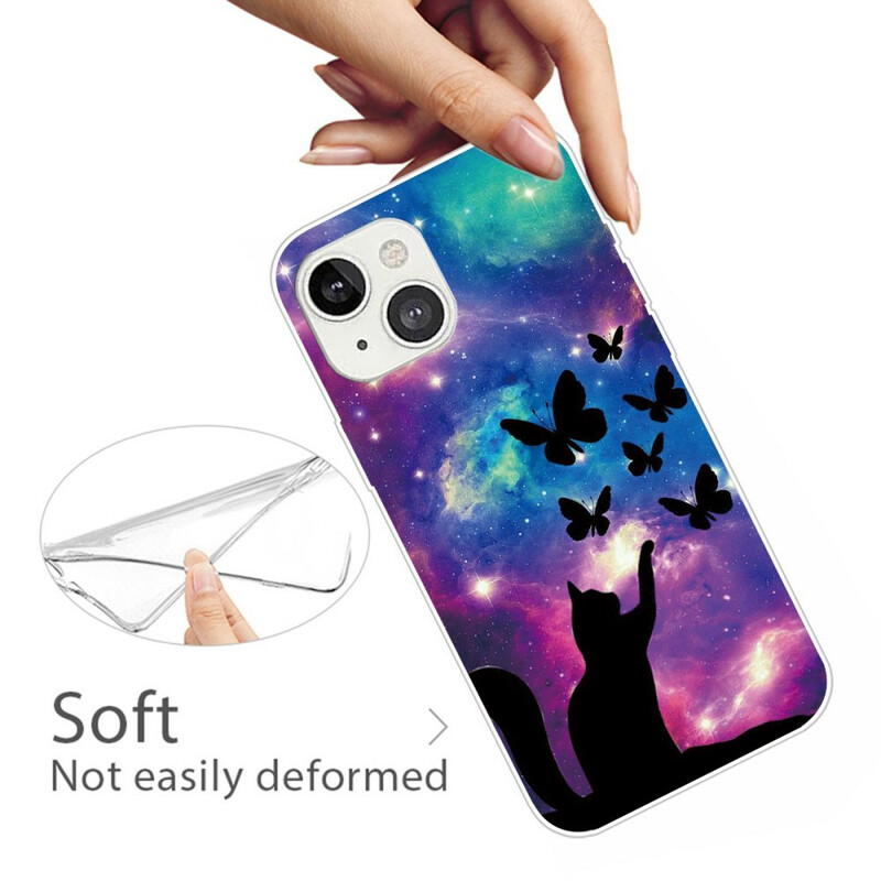 Case iPhone 13 Mini Cat and Butterflies In Space