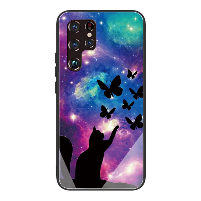 Samsung Galaxy S22 Ultra 5G Tempered Glass Case Cat and Butterflies In Space