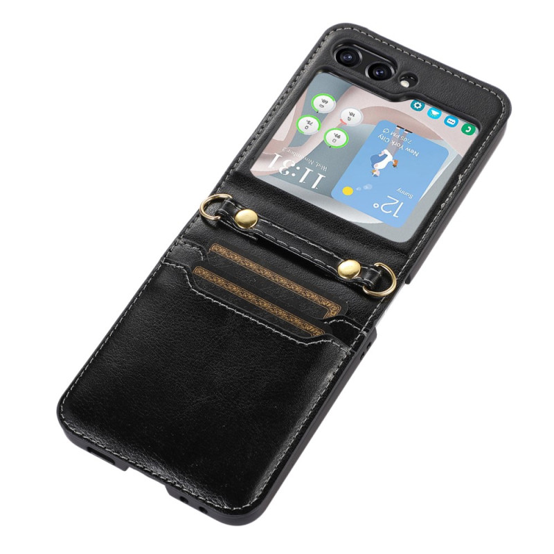 Z Flip 5 Leather Case, Wallet Case Compatible Samsung Galaxy Z Flip 5 With  Card Holder & Crossbody Strap