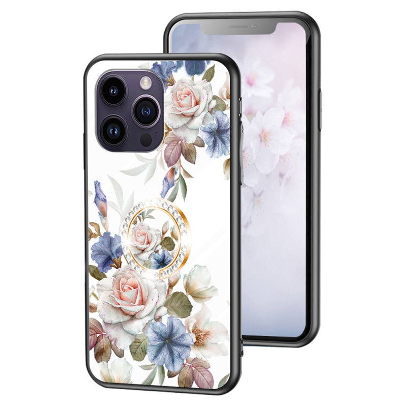 iPhone 15 Pro Max Toughened Glass Floral Case with Support Ring