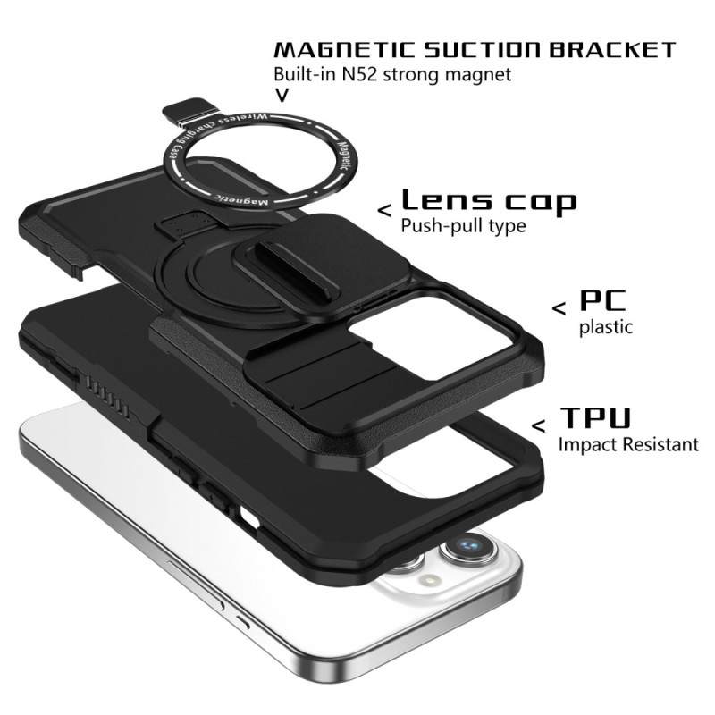 Apple Iphone 15 Pro Max Black Finger Ring TPU Silicone Case With Camera  Protector And Sliding Window