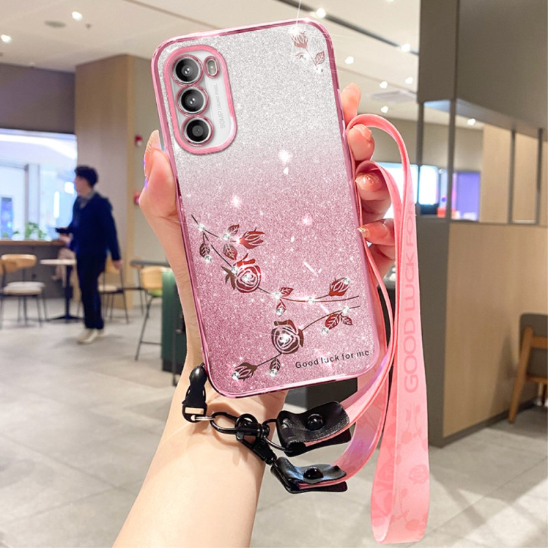 Moto G82 5G / G52 Pink Glitter Case with Lanyard