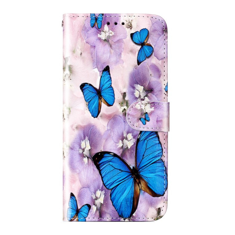 Moto G14 Purple Flowers and Butterflies Strap Case