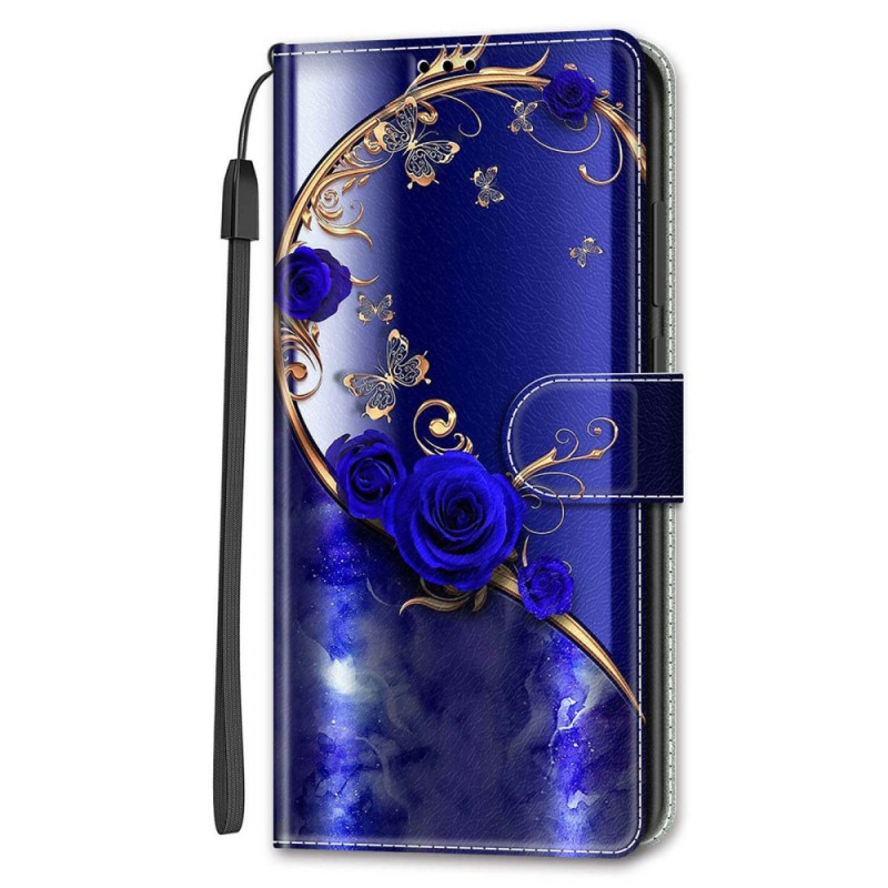 Samsung Galaxy S24 5G Case Blue Roses and Gold Butterflies with Strap