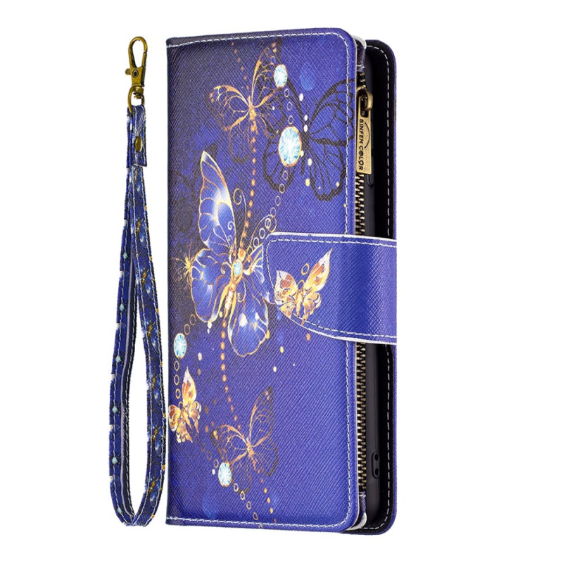 Samsung Galaxy S24 5G Wallet Case Purple Butterflies with Strap