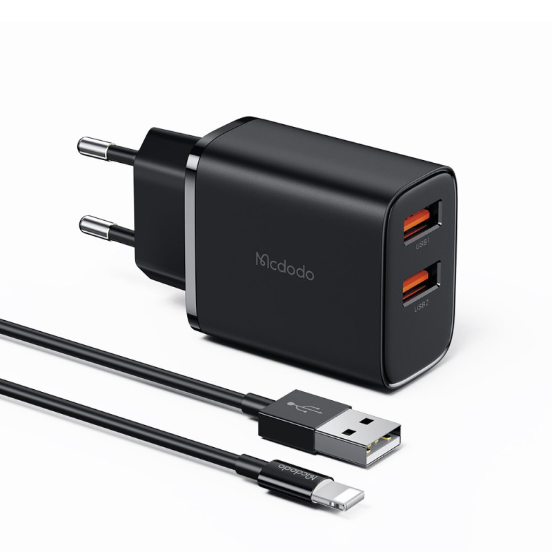 Wall Charger Kit with 2 USB-A 2.4A, USB to iP Cable and MCDODO Travel Adapter