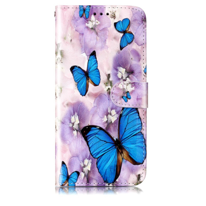 Samsung Galaxy S24 Plus 5G Blue Butterflies and Purple Flowers Strap Case