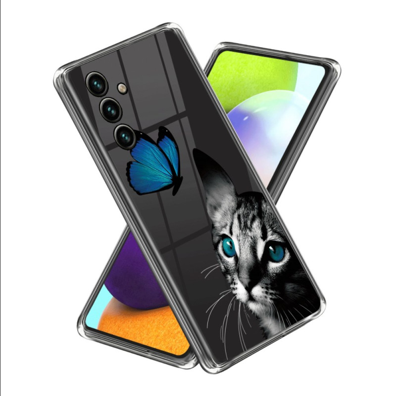 Samsung Galaxy A15 Case Blue Cat and Butterfly Design