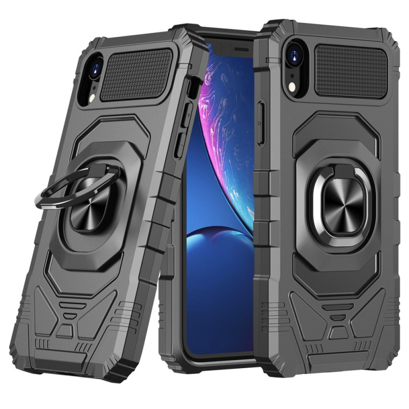Metal-effect iPhone XR case with a support ring
