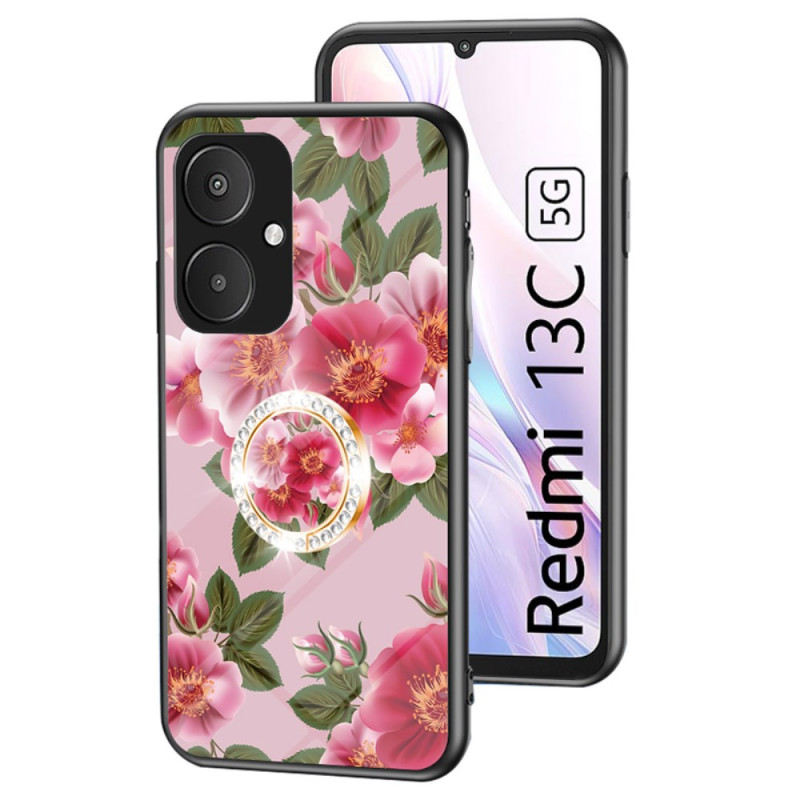 Xiaomi Redmi 13C 5G Tempered Glass Case Floral Support Ring