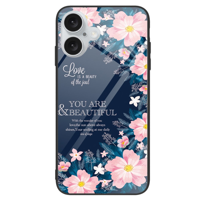 Case iPhone 16 Toughened Glass Pink Flowers