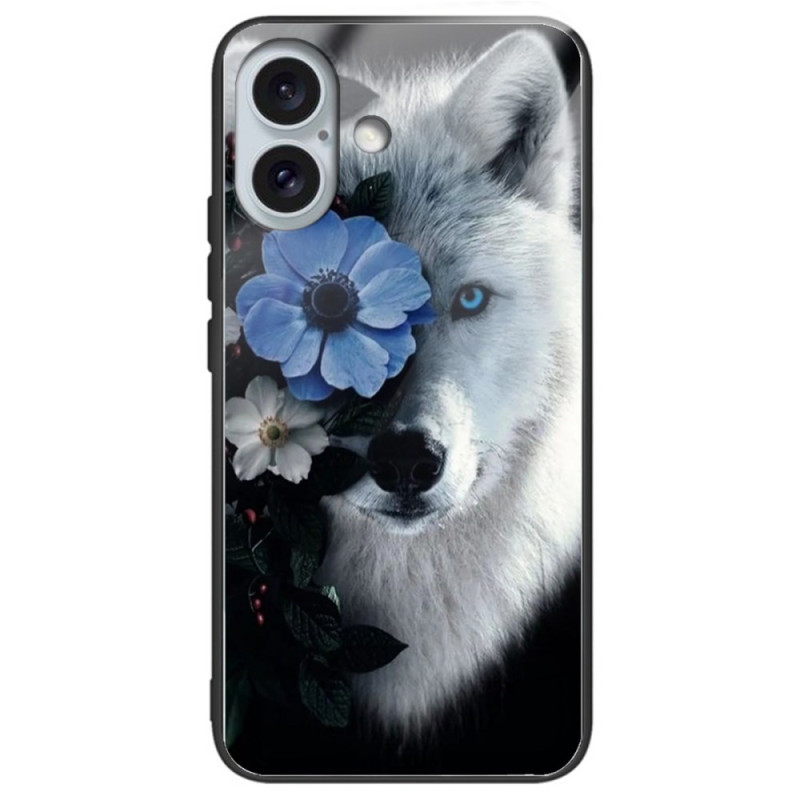 Hard Case iPhone 16 Plus Tempered Glass Wolf and Blue Flower