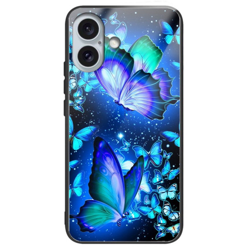 Case iPhone 16 Plus Tempered Glass Blue Butterflies