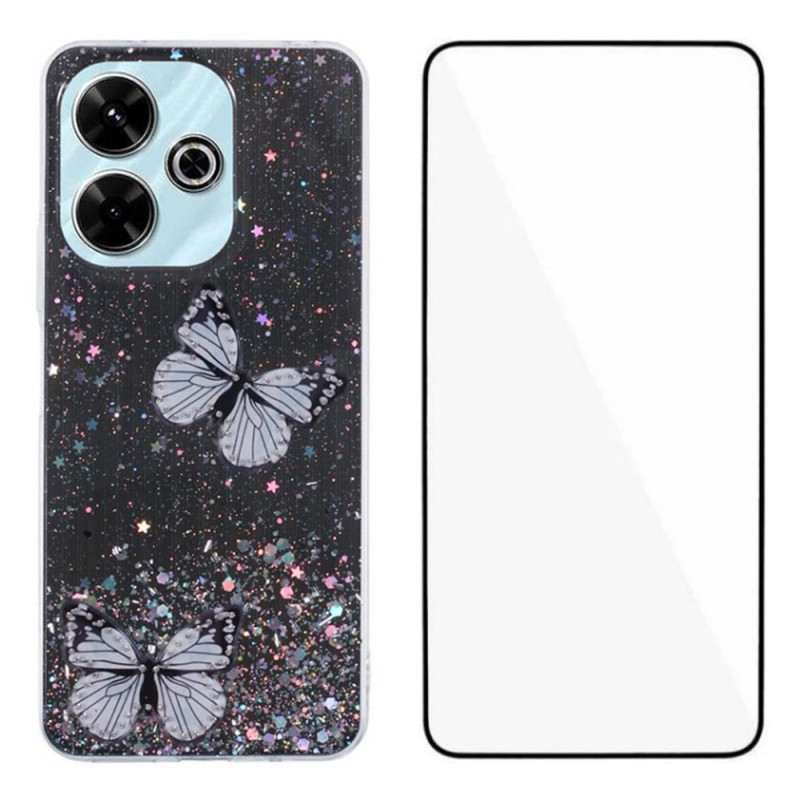 Coque Xiaomi Redmi 13 4G / 13 5G Papillons Paillettes et Protecteur Écran en Verre Trempé WANLONFENG