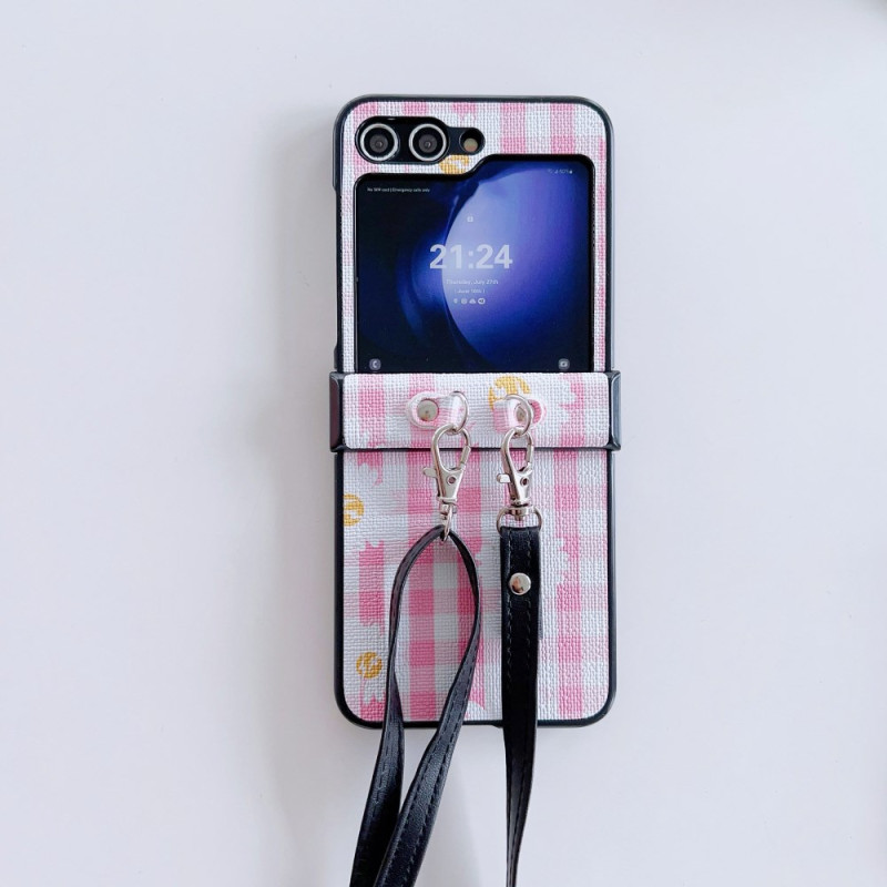 Case Samsung Galaxy Z Flip 7 FE / Z Flip 6 Floral and Checkered Patterns with Shoulder Strap