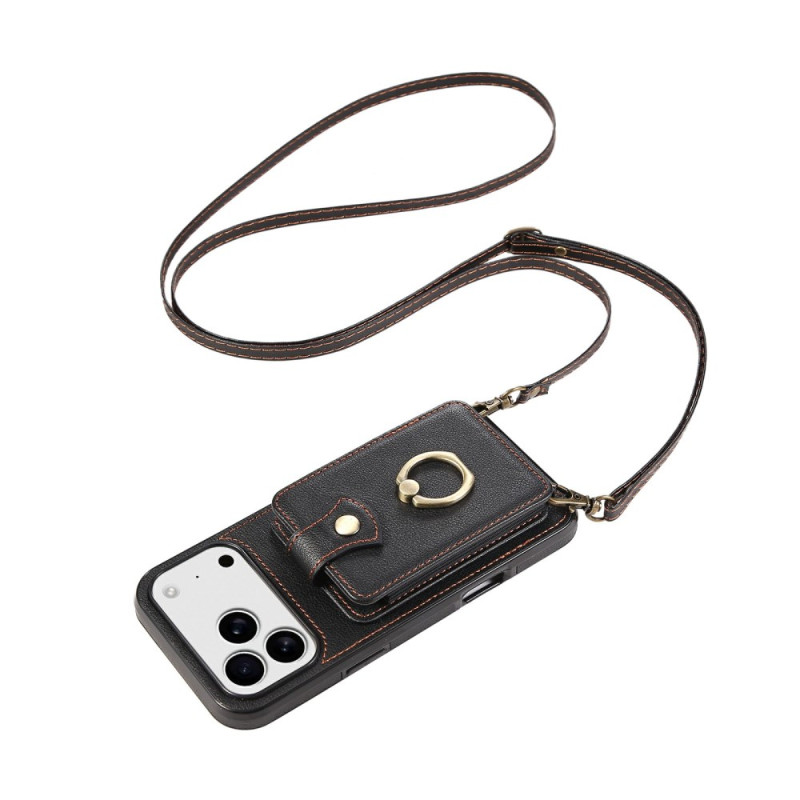 Leather-effect iPhone 17 Pro Max case with card holder and hand strap