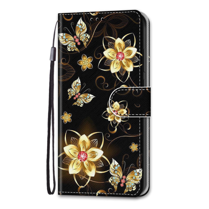 Housse iPhone 13 Mini Fleurs Dorées et Papillons