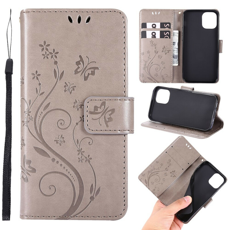 Case iPhone 12 Butterflies and Flowers Lanyard