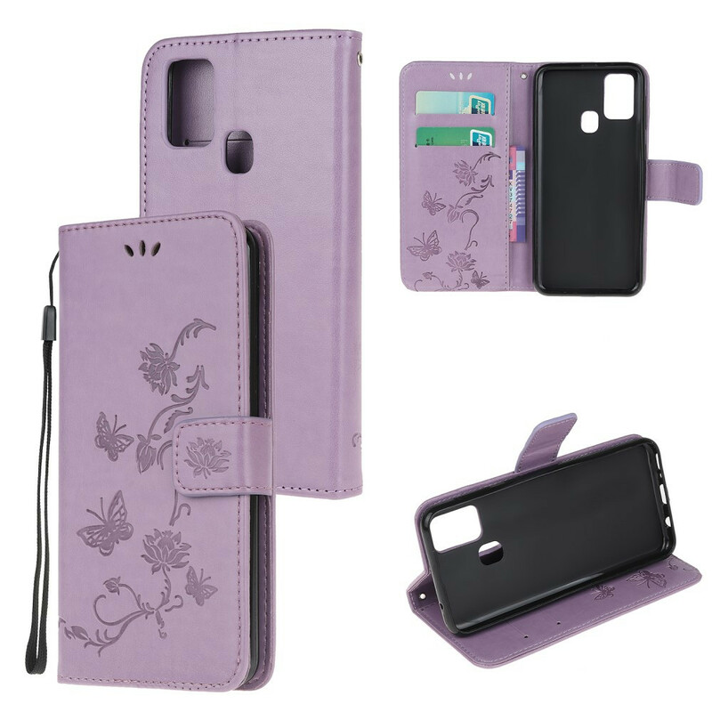 Case Samsung Galaxy M21 Butterflies And Flowers With Lanyard