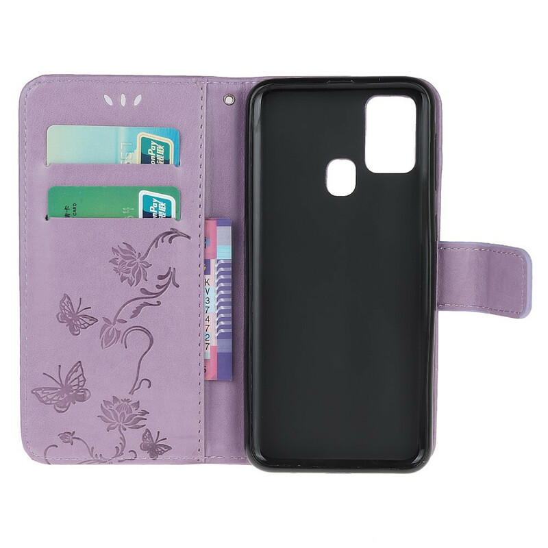 Case Samsung Galaxy M21 Butterflies And Flowers With Lanyard
