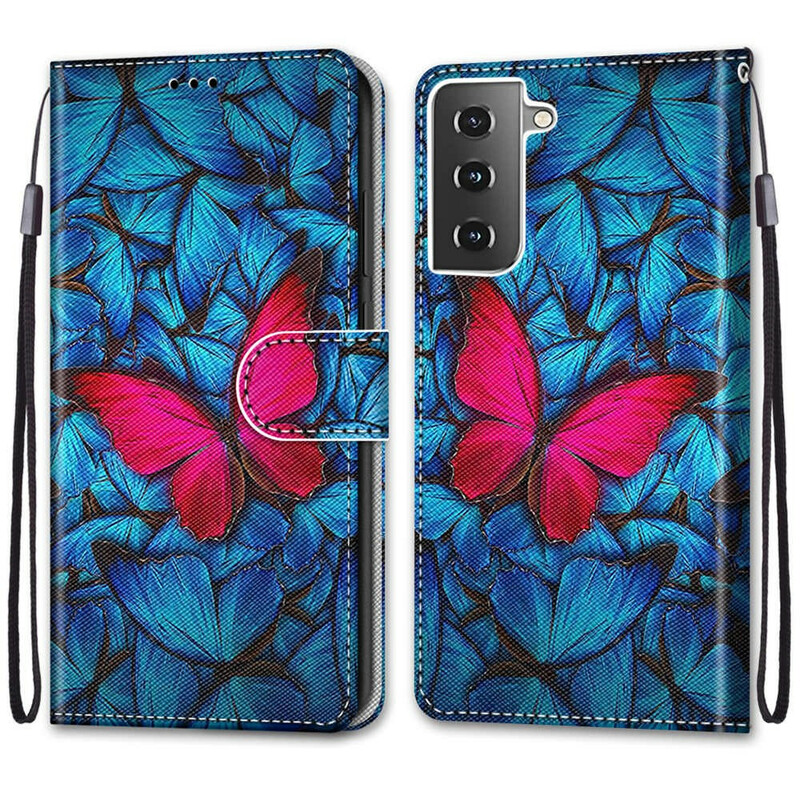 Case Samsung Galaxy S21 5G Red Butterfly On Blue Background