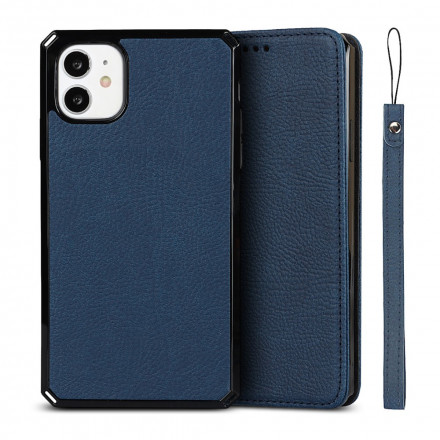 Flip Cover iPhone 11 Echt Litschi-Leder mit Riemen