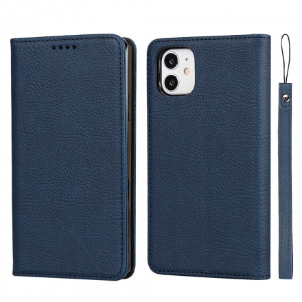 Flip Cover iPhone 11 Echt Litschi-Leder mit Riemen