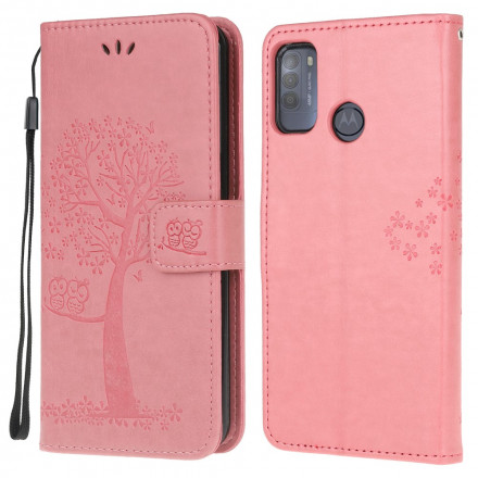 Moto G50 Tasche Baum und Eulen mit Riemen