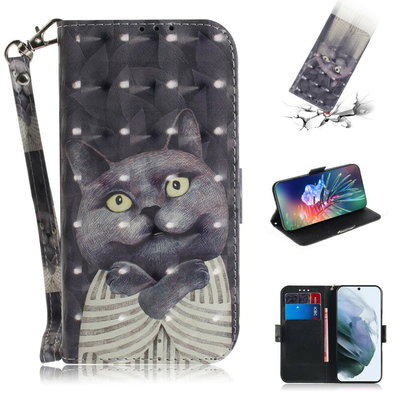 Samsung Galaxy S21 FE Tasche Katze Grau mit Riemen