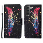 Samsung Galaxy S21 FE Hülle Bunte Feder mit Riemen