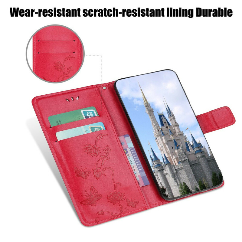 iPhone 13 Hülle Schmetterlinge und Blumen mit Riemen