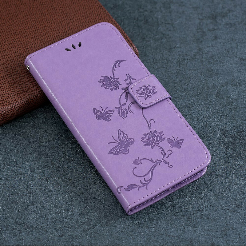 iPhone 13 Hülle Schmetterlinge und Blumen mit Riemen
