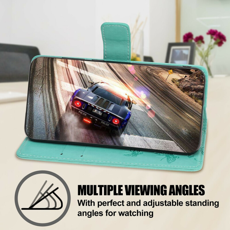 iPhone 13 Hülle Schmetterlinge und Blumen mit Riemen