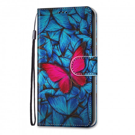 Xiaomi Redmi 10 Tasche Roter Schmetterling auf blauem Hintergrund
