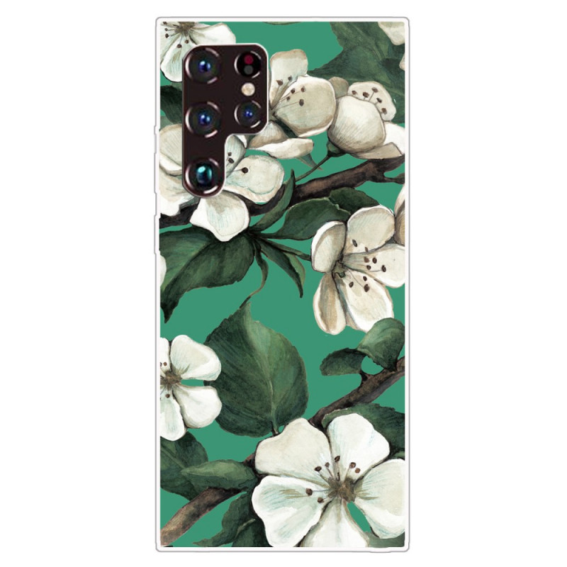 Samsung Galaxy S22 Ultra 5G Cover Weiße Blumen Bemalt