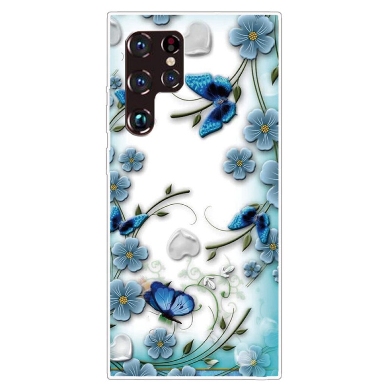 Samsung Galaxy S22 Ultra 5G Cover Retro Schmetterlinge und Blumen