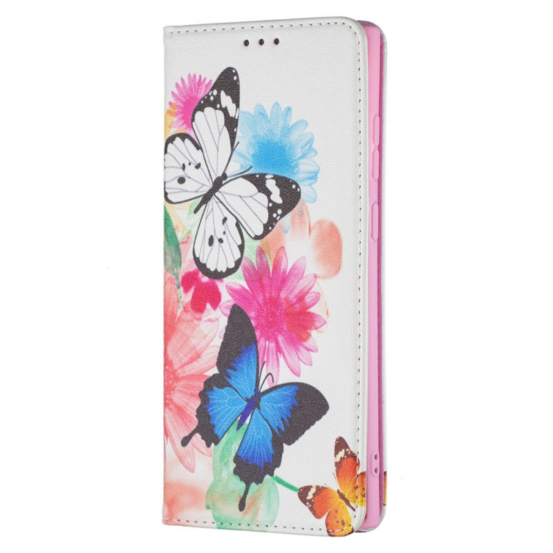 Hülle Samsung Galaxy S22 Ultra 5G Gemalte Schmetterlinge und Blumen