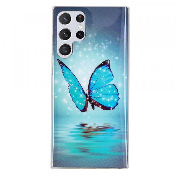 Samsung Galaxy S22 Ultra 5G Cover Blaue Schmetterlinge Fluoreszierend