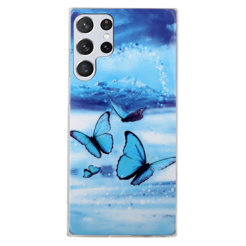 Samsung Galaxy S22 Ultra 5G Cover Blaue Schmetterlinge Fluoreszierend