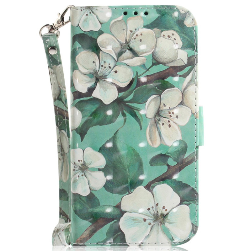 Xiaomi Redmi 12C Tasche Weiße Blumen mit Riemen
