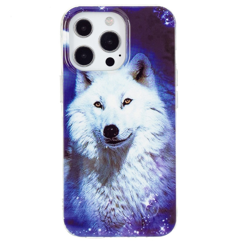 iPhone 15 Pro Cover Fluoreszierend Wolf Weiß