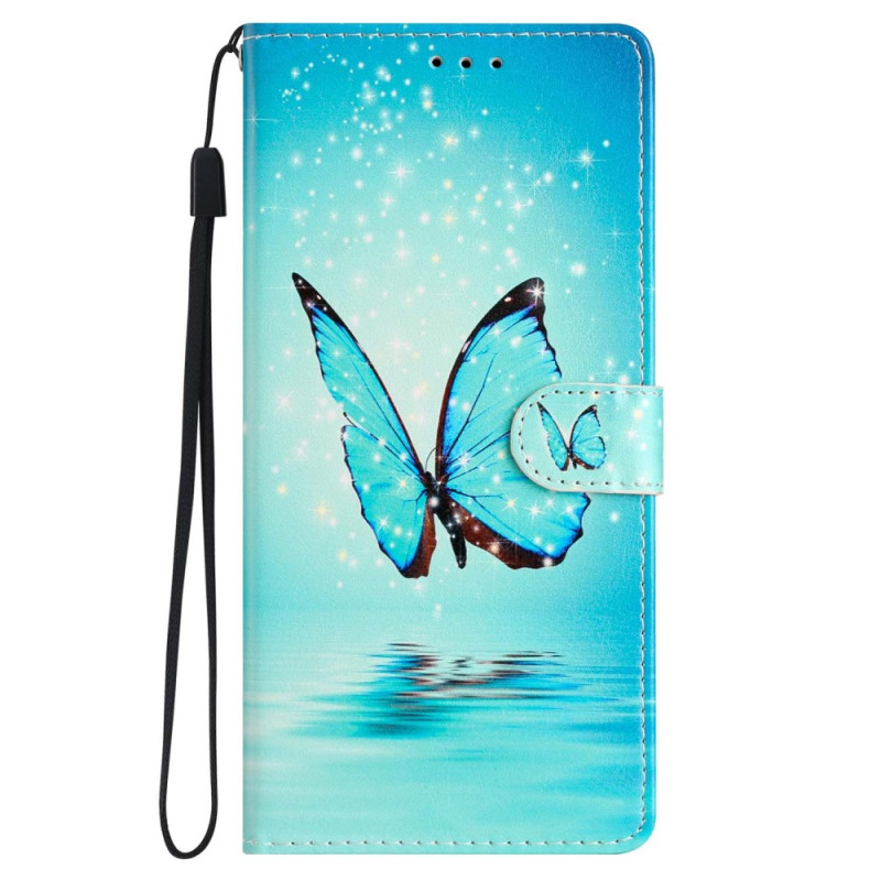 iPhone 15 Hülle Blauer Schmetterling im Flug mit Riemen