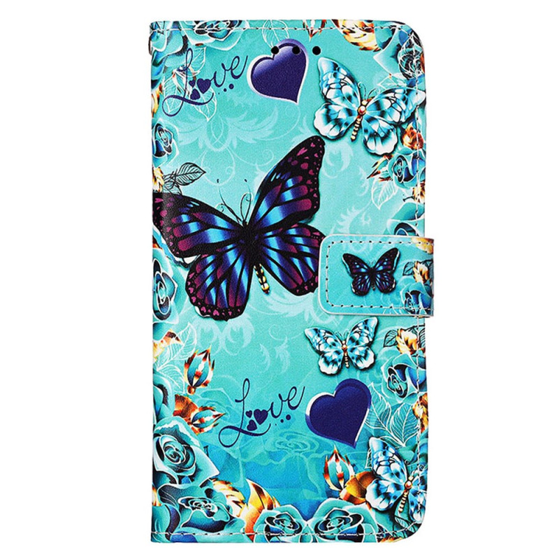 Hülle Samsung Galaxy S24 5G Schmetterlinge und Herzen mit Riemen