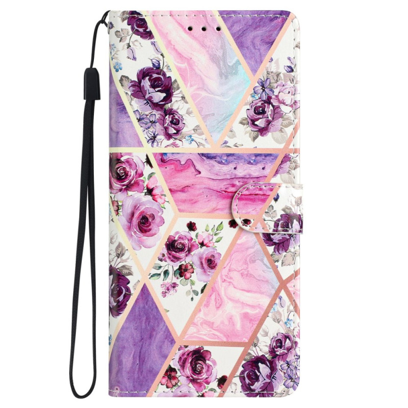 Samsung Galaxy S24 5G Marmor Lila Blumen Tasche mit Riemen