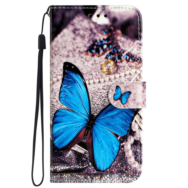 Samsung Galaxy S24 5G Schmetterling Blau Tasche mit Riemen