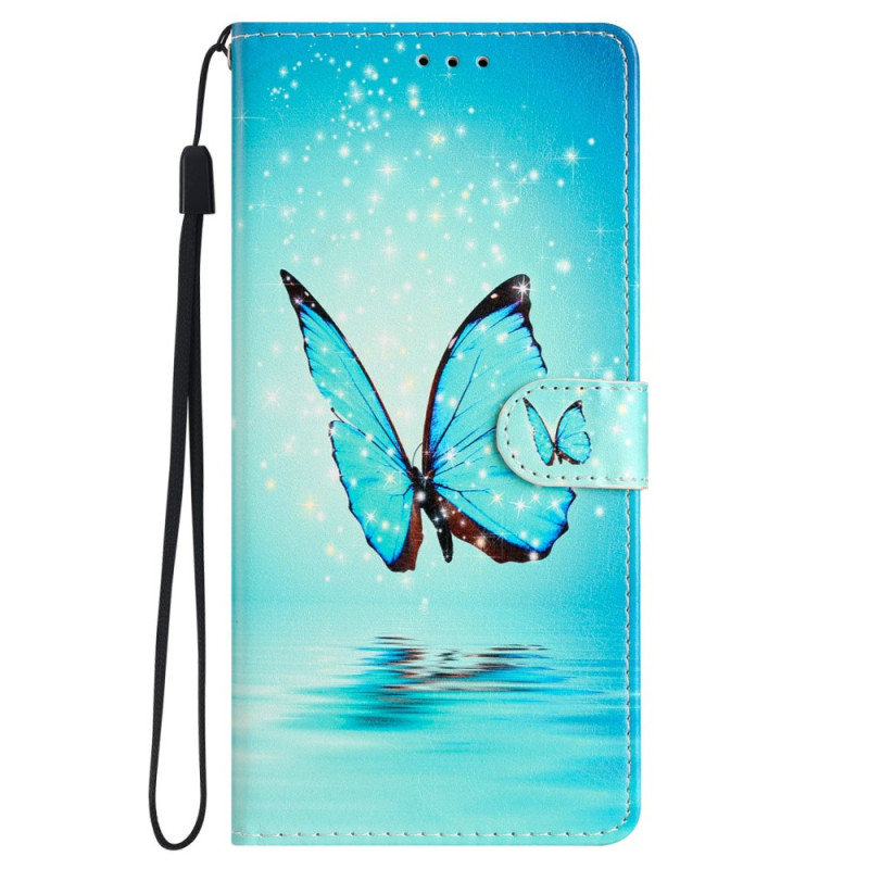 Housse Samsung Galaxy S24 Plus Papillon Bleu en Vol à Lanière