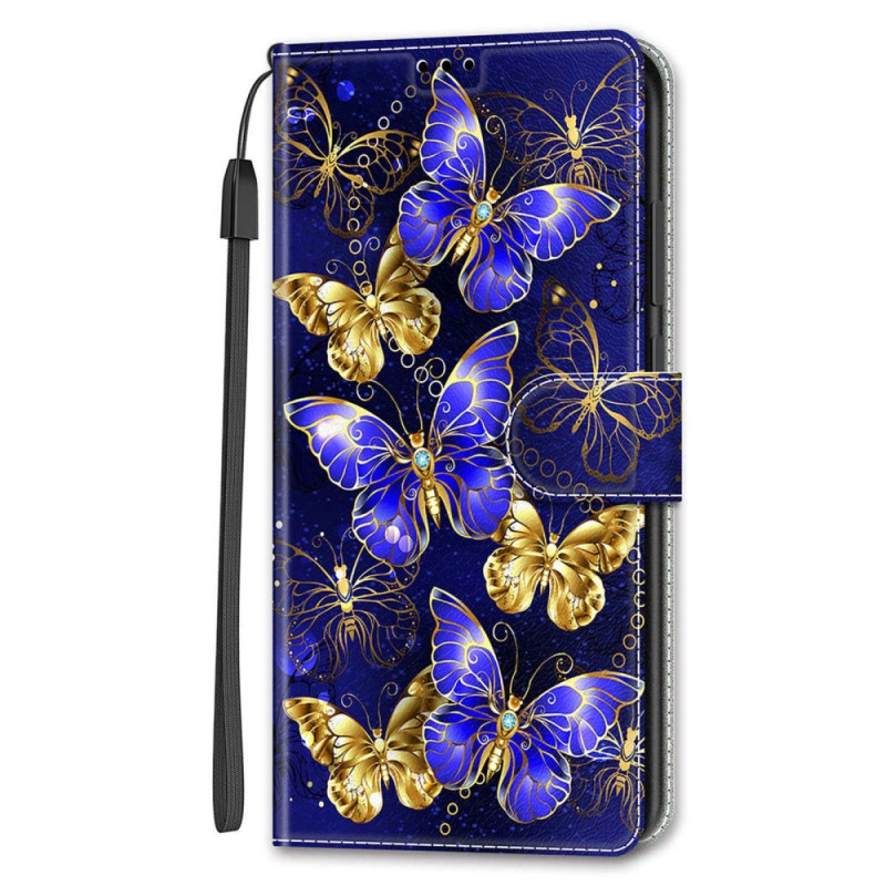 Samsung Galaxy S24 Ultra 5G Schmetterlings-Hülle mit Riemen in Gold und Lila