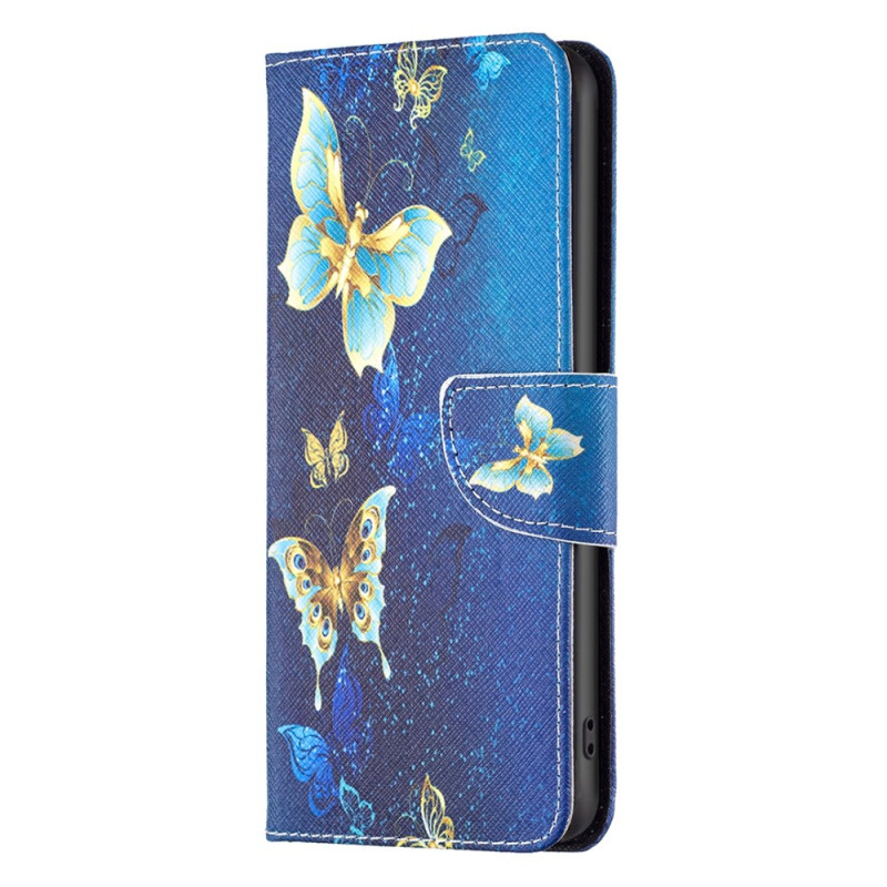 Xiaomi Redmi Note 13 4G Hülle Goldene Schmetterlinge auf blauem Hintergrund