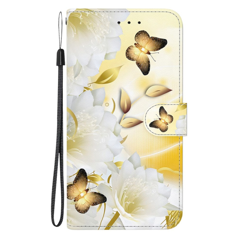 Xiaomi Redmi Note 12S Tasche Goldene Schmetterlinge und Blumen mit Riemen